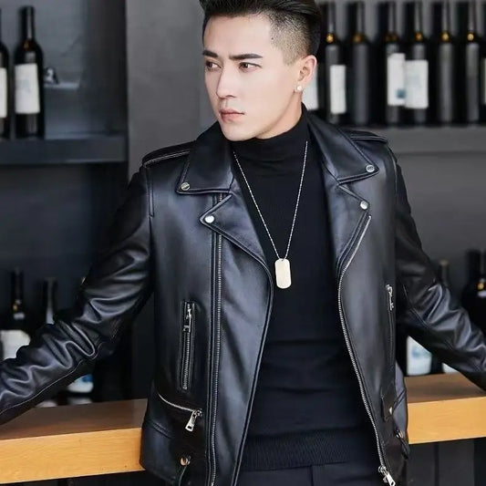 2025 PU Leather New Leather Jacket Sheep Suit Motorcycle Leather Coat Male Streetwear Regular Slim Handsome Large Size Jacket