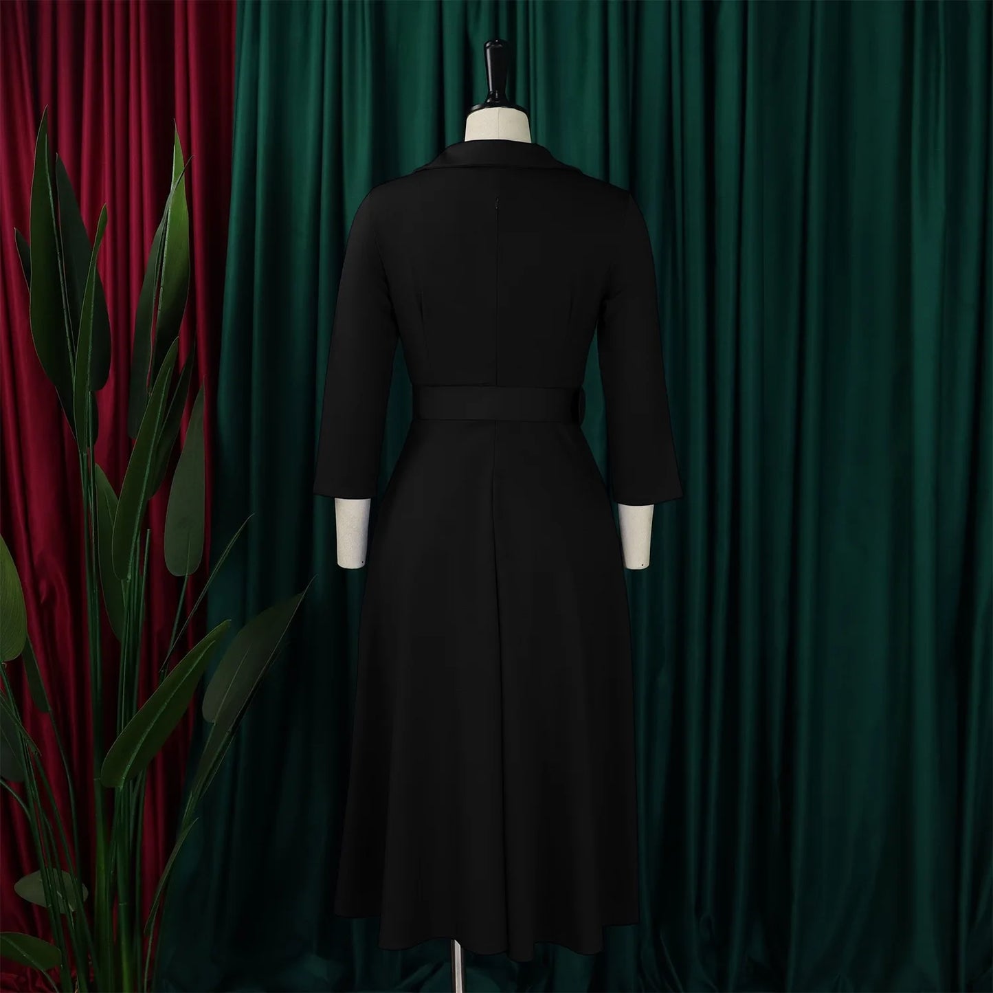 Fashion Office Dresses for Women Turn Down Collar V Neck Belt Waisted Pleated Mid Calf Elegant African Business Work Dress Cloth