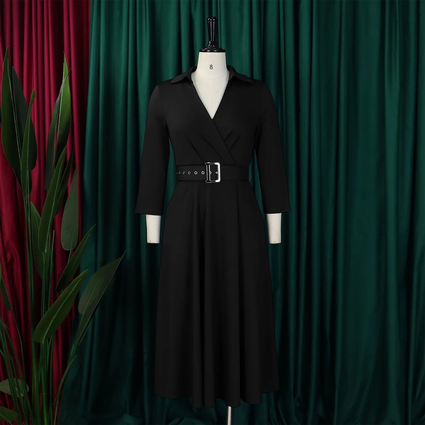 Fashion Office Dresses for Women Turn Down Collar V Neck Belt Waisted Pleated Mid Calf Elegant African Business Work Dress Cloth