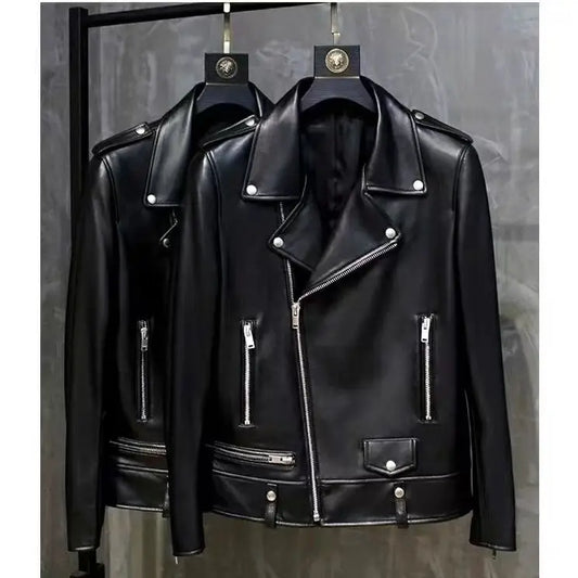 2025 PU Leather New Leather Jacket Sheep Suit Motorcycle Leather Coat Male Streetwear Regular Slim Handsome Large Size Jacket