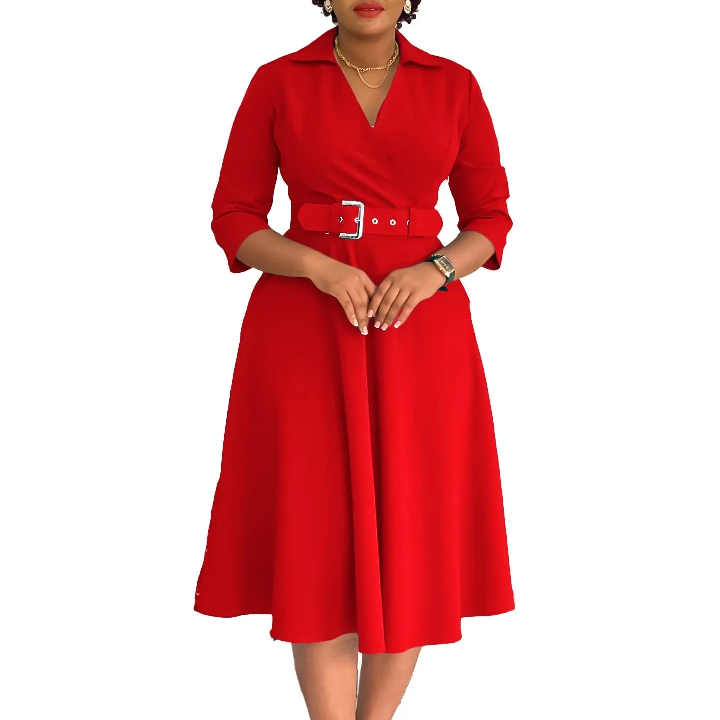 Fashion Office Dresses for Women Turn Down Collar V Neck Belt Waisted Pleated Mid Calf Elegant African Business Work Dress Cloth