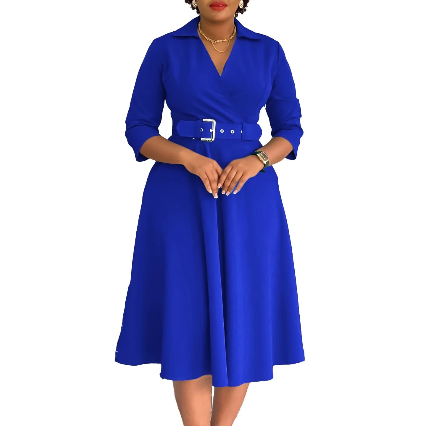 Fashion Office Dresses for Women Turn Down Collar V Neck Belt Waisted Pleated Mid Calf Elegant African Business Work Dress Cloth