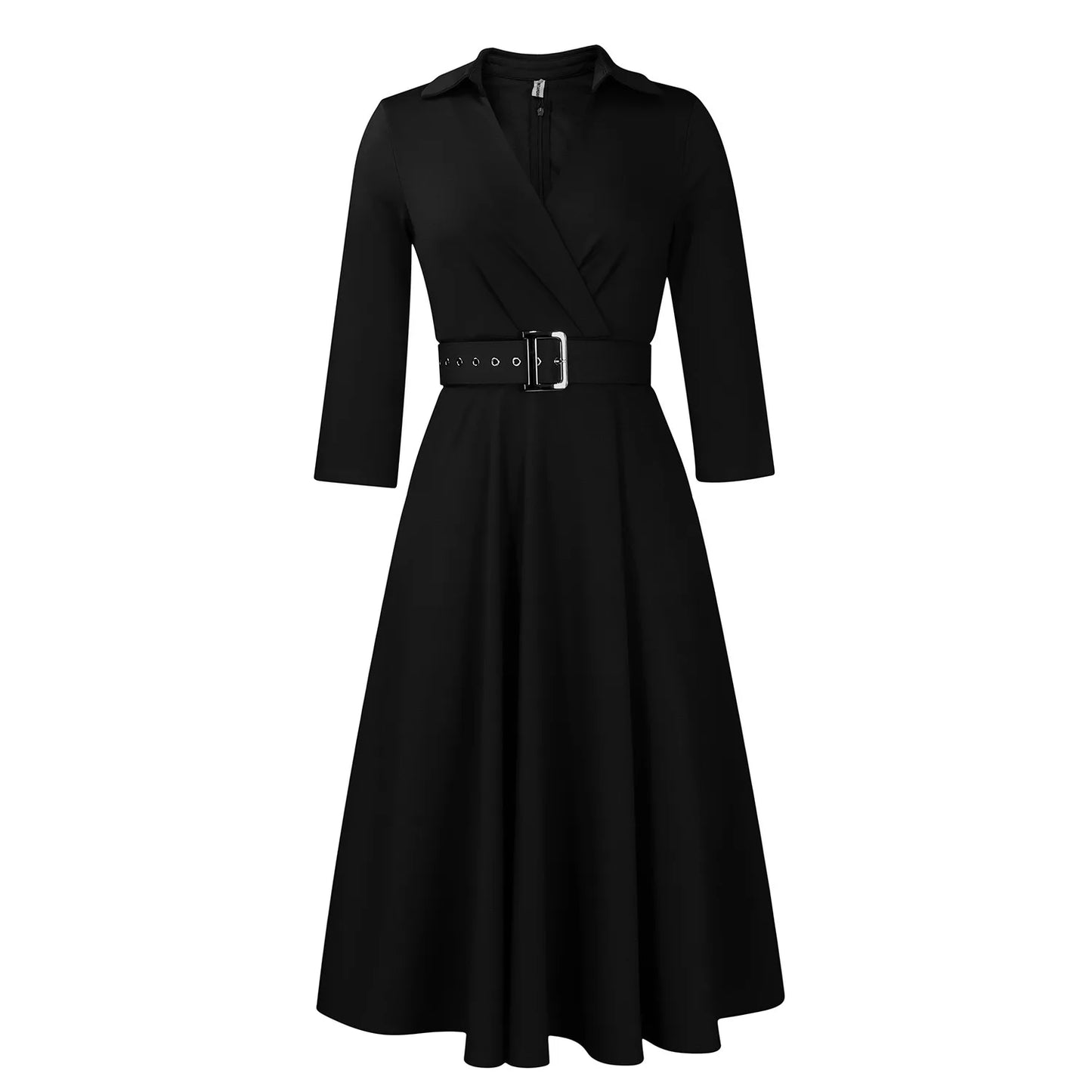 Fashion Office Dresses for Women Turn Down Collar V Neck Belt Waisted Pleated Mid Calf Elegant African Business Work Dress Cloth