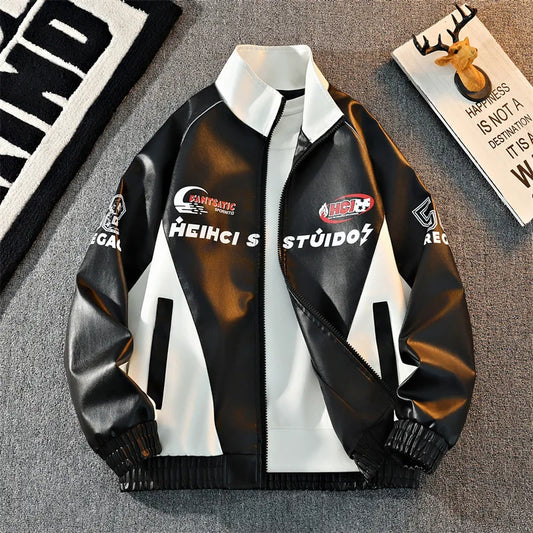 Mens Leather Moto Jacket  Stand Collar Edgy Racing Style Utility Work Coat  Unisex Hong Kong Trend Ins Fashion for Spring Autumn