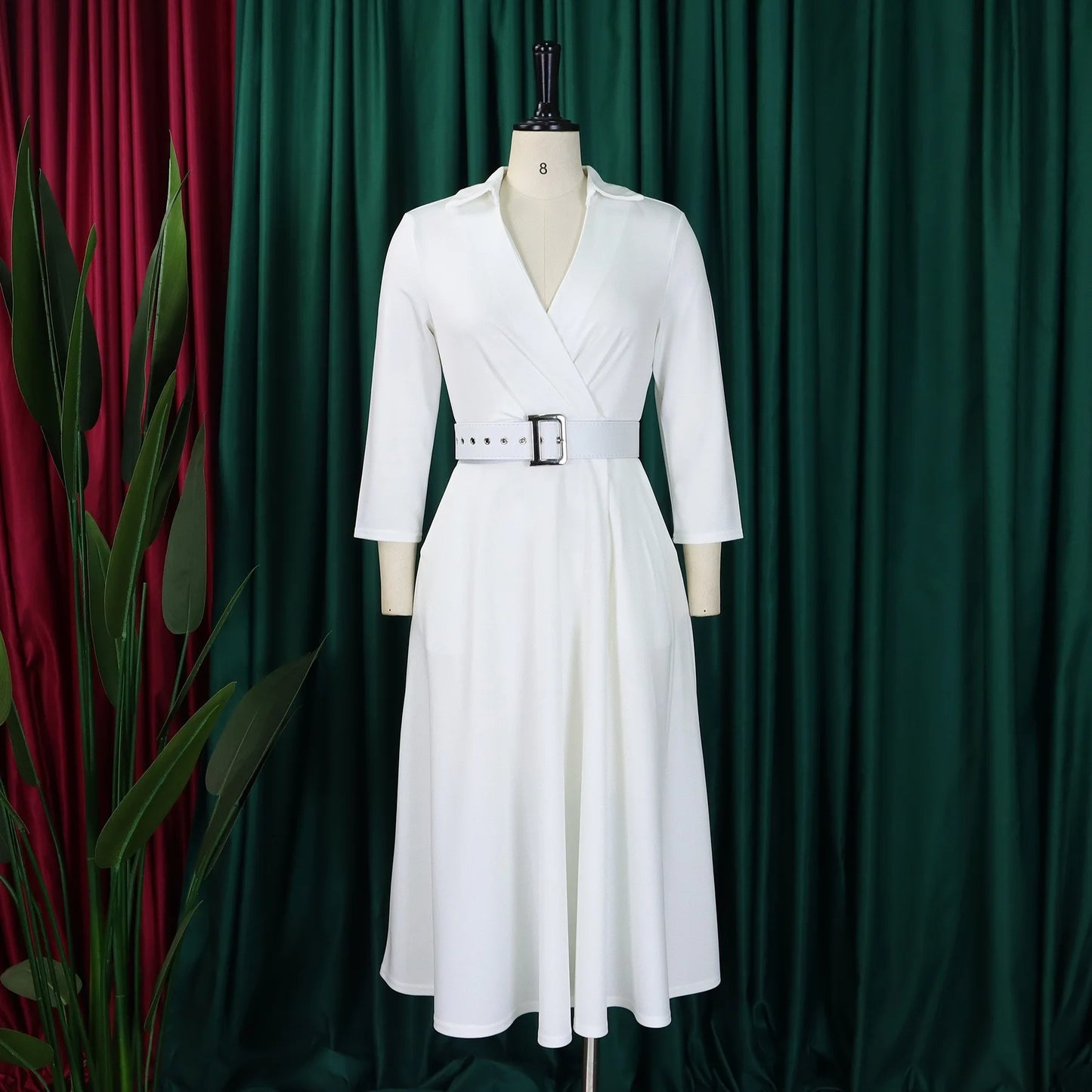 Fashion Office Dresses for Women Turn Down Collar V Neck Belt Waisted Pleated Mid Calf Elegant African Business Work Dress Cloth