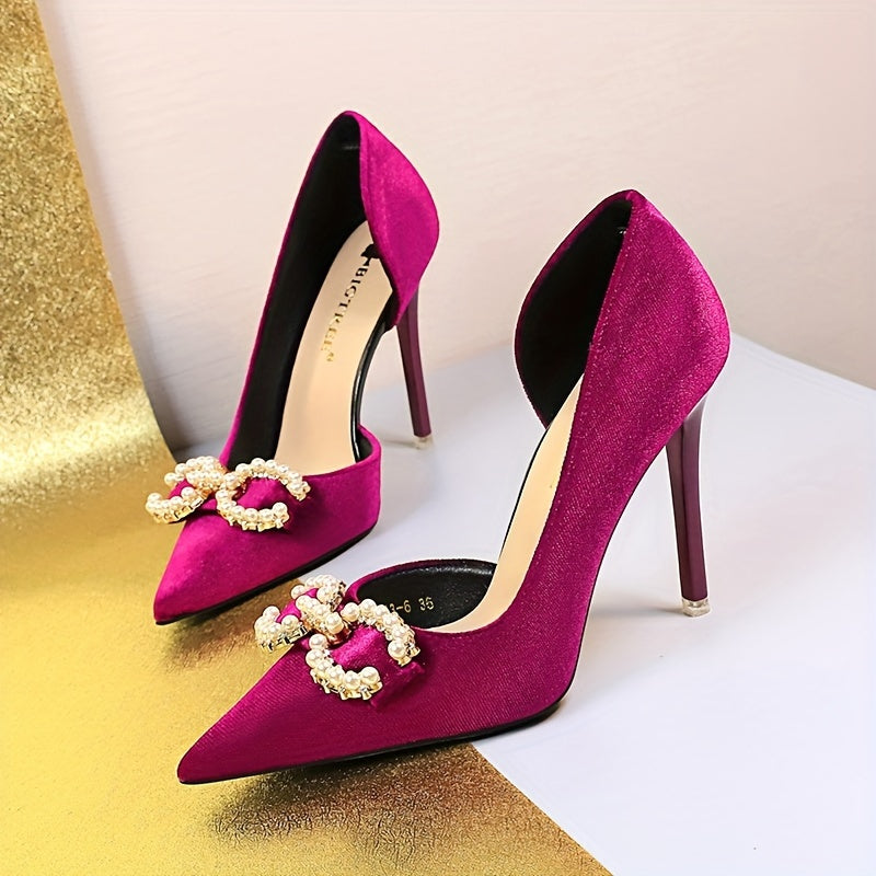 Women's Faux Pearl Decor Shoes, Slip On Side Cut Out High Heels, Point Toe Party Shoes