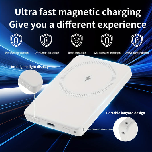Magnetic Wireless Power Bank, 5000mAh Portable Power bank, Ultra-thin Wireless Portable Charger, Strong Magnetism, Portable Lanyard Design, Surface Feel oil process, Suitable for iPhone15/14/13/12 series