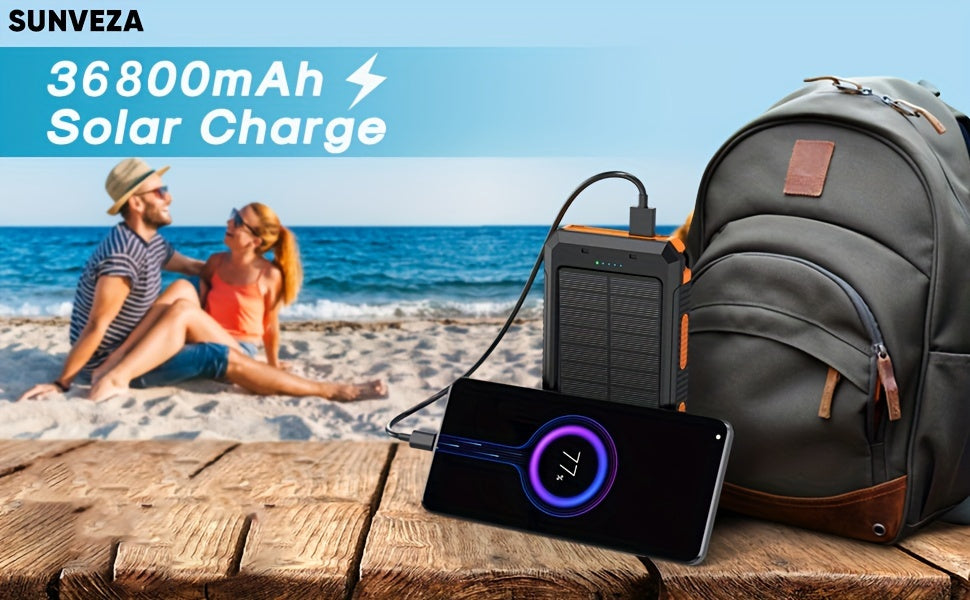 Sunveza Solar Power Bank, 36800mAh Portable Charger With Dual QC 3.0 And 5V3.1A USB Fast Charging, Built-in Flashlight, For All Phones Devices (Orange)-YMcheng