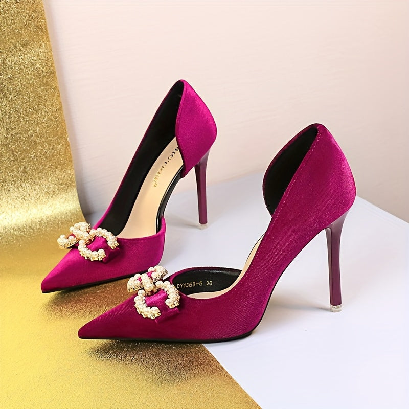 Women's Faux Pearl Decor Shoes, Slip On Side Cut Out High Heels, Point Toe Party Shoes