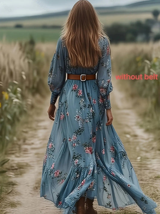 Women'S Bohemian Floral print maxi dress - Flowy long dress with Elastic Waist, Non-Belted, for Parties, Festivals, Everyday - Spring/Fall/Summer Outfits in Teal Green & Purple Floral Pattern, Spring Fashion, Vneck Design, Co