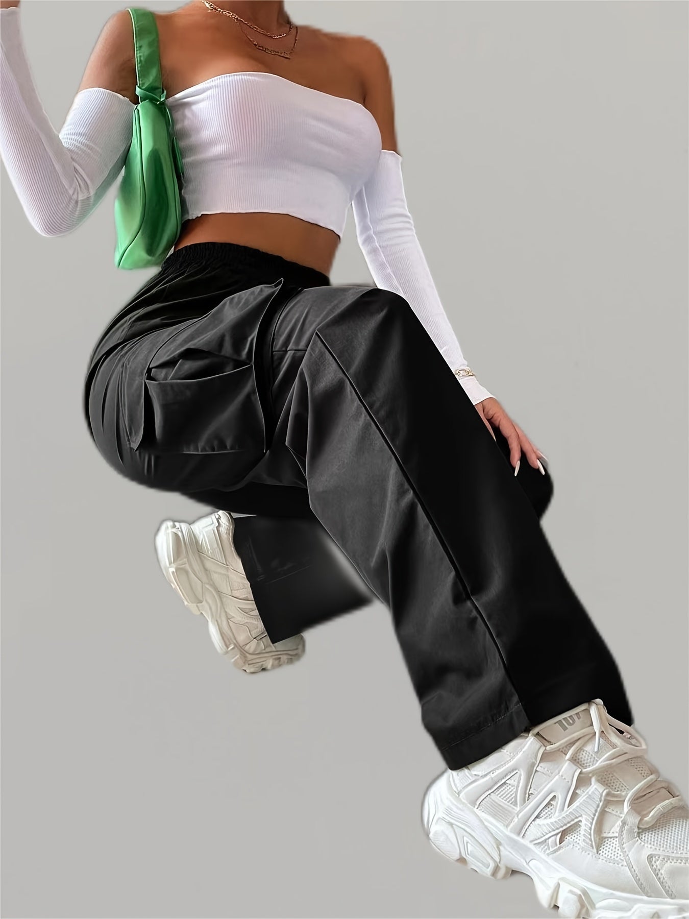 Solid Elastic Waist Pants, Casual Long Length Wide Leg Cargo Pants With Pockets, Women's Clothing