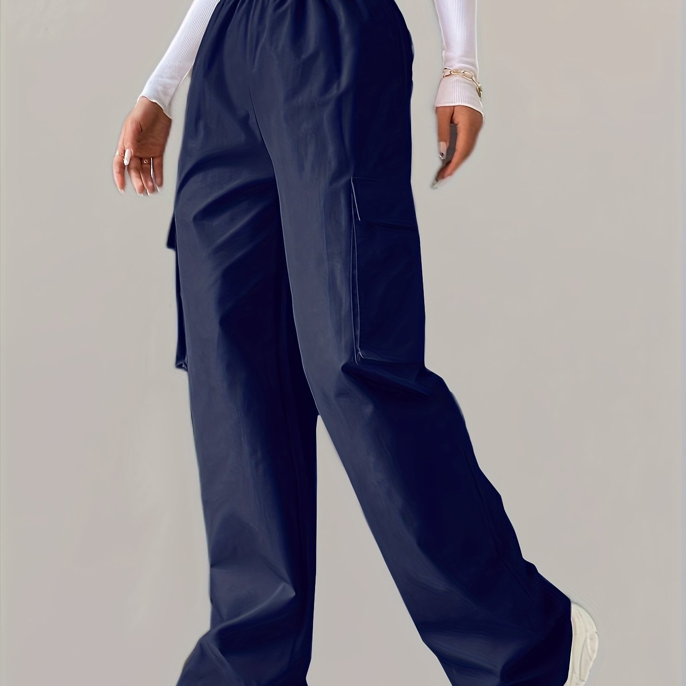 Solid Elastic Waist Pants, Casual Long Length Wide Leg Cargo Pants With Pockets, Women's Clothing