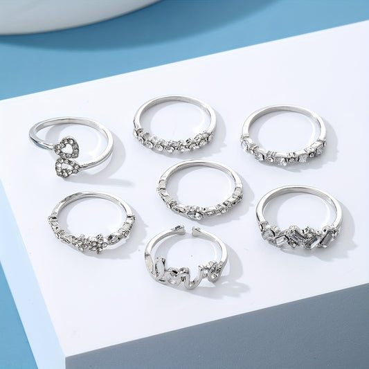 7pcs Coquette Style Stacking Rings Trendy Heart/ Love Design Inlaid Rhinestone/ Opal Mix And Match For Daily Outfits