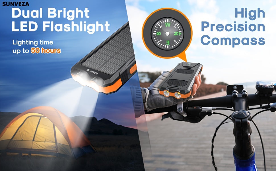 Sunveza Solar Power Bank, 36800mAh Portable Charger With Dual QC 3.0 And 5V3.1A USB Fast Charging, Built-in Flashlight, For All Phones Devices (Orange)-YMcheng