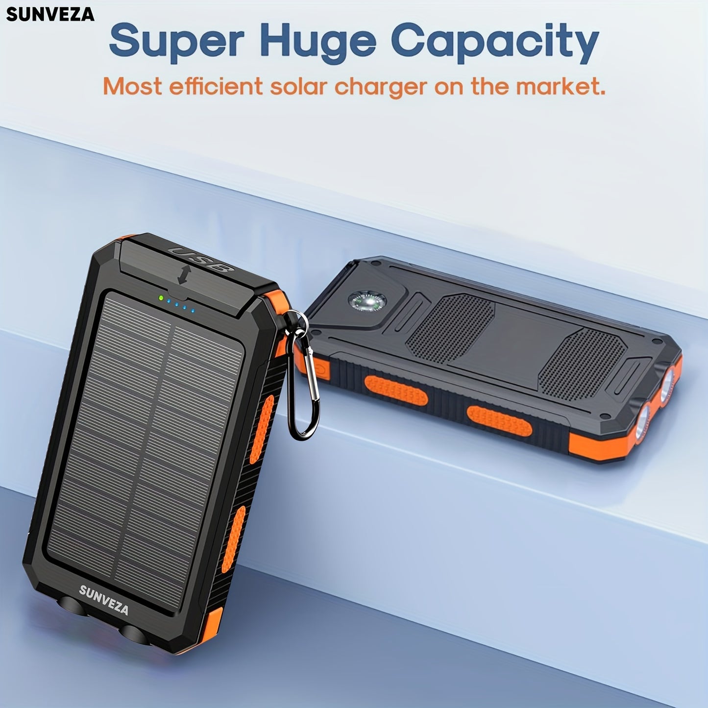 Sunveza Solar Power Bank, 36800mAh Portable Charger With Dual QC 3.0 And 5V3.1A USB Fast Charging, Built-in Flashlight, For All Phones Devices (Orange)-YMcheng