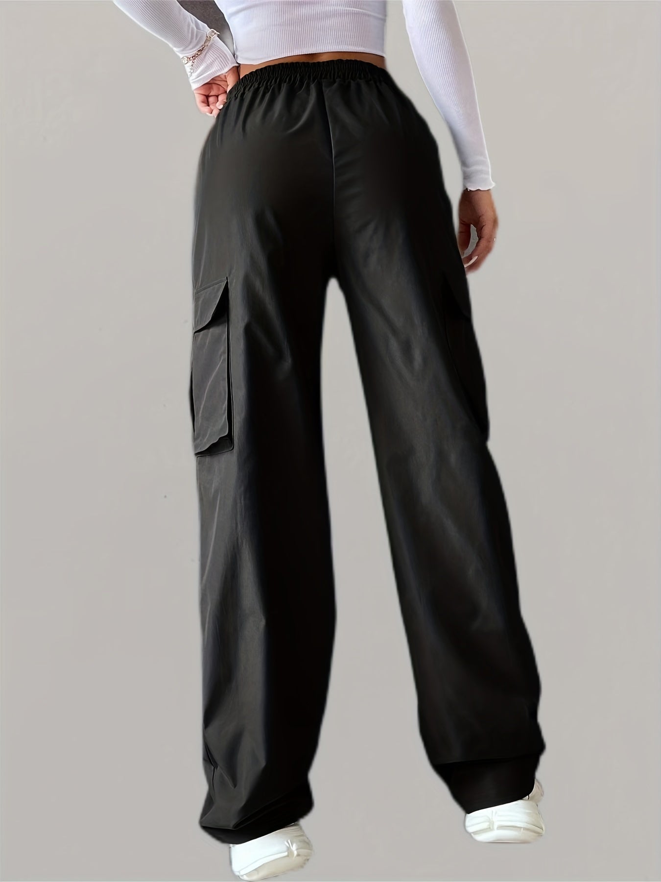 Solid Elastic Waist Pants, Casual Long Length Wide Leg Cargo Pants With Pockets, Women's Clothing