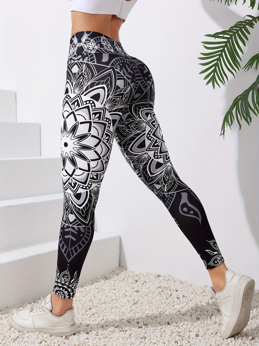 Flower Print Yoga Workout Pants, Solid Color Stretch Fitness Sports Leggings, Women's Activewear