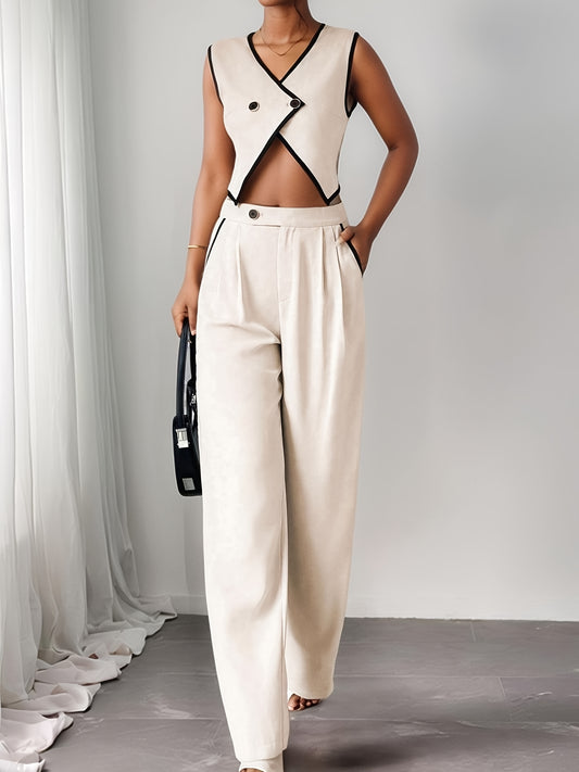 2025 New Summer Two-piece Set: Button- Blazer with Belly-baring Design and Wide-leg Trousers
