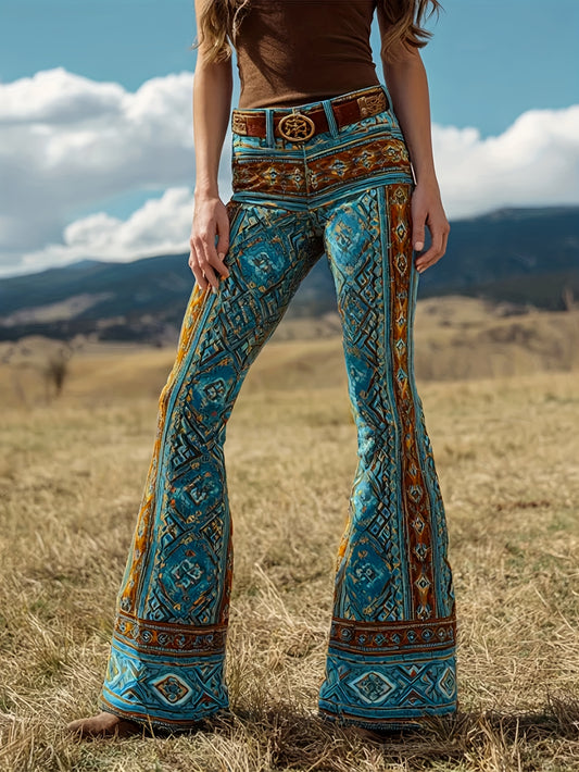 Women'S Vintage Western Geometric Print Flare Jeans - High-Waisted, Wide-Leg, Brown & Blue Design, Casual Style for All Seasons, High Waisted Jeans